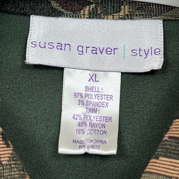 Susan Graver Style Jacket Women's XL Green Suede Flap Pocket Floral Tapistry - Picture 2 of 12